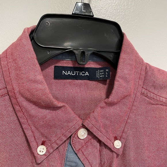 Nautica red button down shirt with gray cuff accents - Picture 3 of 3